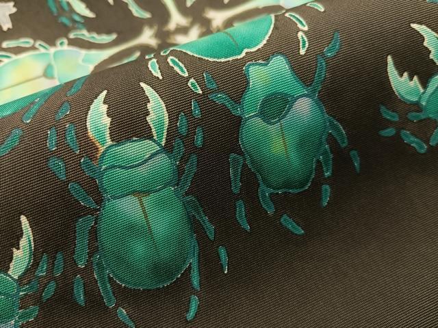 平和屋着物●塩瀬　九寸名古屋帯　カブトムシ　クワガタムシ　黒地　金彩　正絹　逸品　CABG7974vp