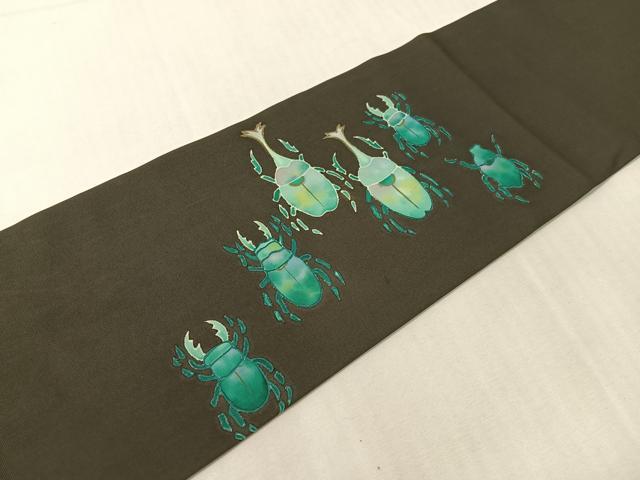 平和屋着物●塩瀬　九寸名古屋帯　カブトムシ　クワガタムシ　黒地　金彩　正絹　逸品　CABG7974vp