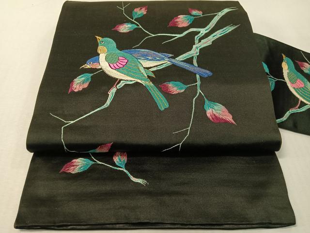 平和屋着物●アンティーク　大正ロマン　総手刺繍　九寸名古屋帯　休み鳥　黒地　金銀糸　正絹　逸品　CABG7975vp