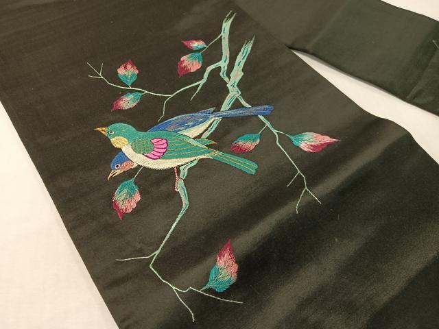 平和屋着物●アンティーク　大正ロマン　総手刺繍　九寸名古屋帯　休み鳥　黒地　金銀糸　正絹　逸品　CABG7975vp