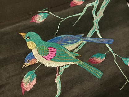 平和屋着物●アンティーク　大正ロマン　総手刺繍　九寸名古屋帯　休み鳥　黒地　金銀糸　正絹　逸品　CABG7975vp