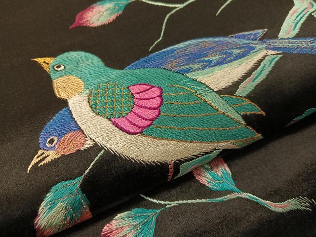 平和屋着物●アンティーク　大正ロマン　総手刺繍　九寸名古屋帯　休み鳥　黒地　金銀糸　正絹　逸品　CABG7975vp