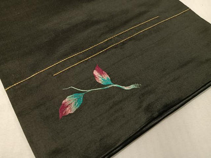 平和屋着物●アンティーク　大正ロマン　総手刺繍　九寸名古屋帯　休み鳥　黒地　金銀糸　正絹　逸品　CABG7975vp