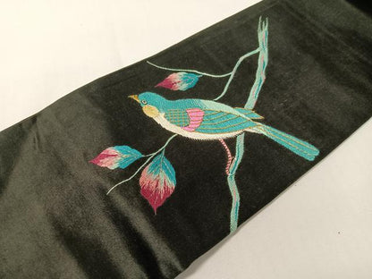 平和屋着物●アンティーク　大正ロマン　総手刺繍　九寸名古屋帯　休み鳥　黒地　金銀糸　正絹　逸品　CABG7975vp