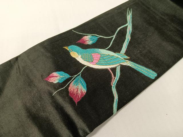 平和屋着物●アンティーク　大正ロマン　総手刺繍　九寸名古屋帯　休み鳥　黒地　金銀糸　正絹　逸品　CABG7975vp