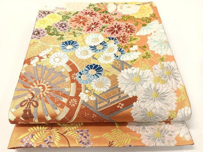 平和屋着物●西陣　白綾苑大庭　六通柄袋帯　唐織　花車文　金糸　共箱付き　正絹　逸品　CABG7976vp