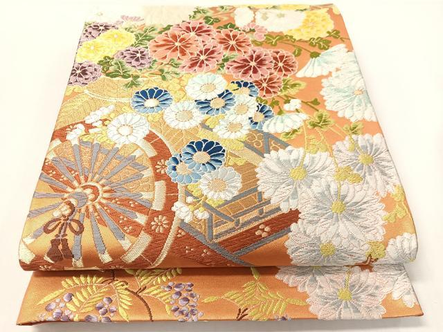 平和屋着物●西陣　白綾苑大庭　六通柄袋帯　唐織　花車文　金糸　共箱付き　正絹　逸品　CABG7976vp