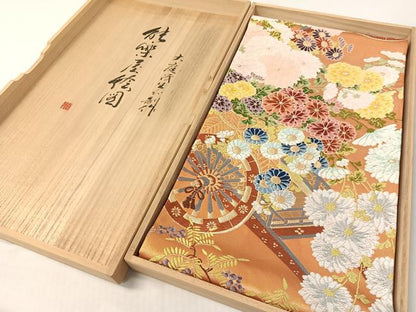 平和屋着物●西陣　白綾苑大庭　六通柄袋帯　唐織　花車文　金糸　共箱付き　正絹　逸品　CABG7976vp