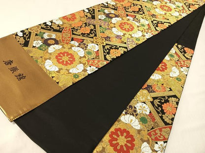 平和屋着物●西陣　ふくい謹製　六通柄袋帯　唐織錦　花天井文　黒地　金糸　日本製　紙箱・証紙付き　正絹　逸品　未使用　CABG7979vp