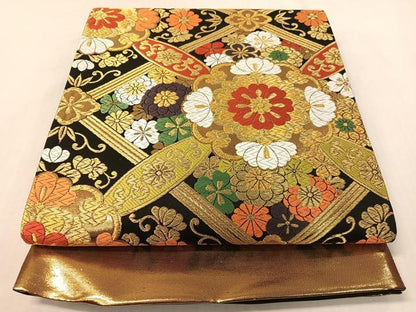 平和屋着物●西陣　ふくい謹製　六通柄袋帯　唐織錦　花天井文　黒地　金糸　日本製　紙箱・証紙付き　正絹　逸品　未使用　CABG7979vp