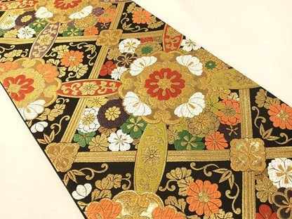 平和屋着物●西陣　ふくい謹製　六通柄袋帯　唐織錦　花天井文　黒地　金糸　日本製　紙箱・証紙付き　正絹　逸品　未使用　CABG7979vp