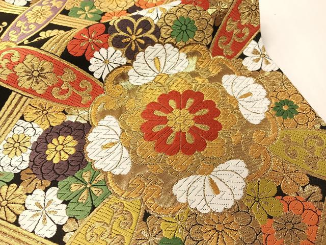平和屋着物●西陣　ふくい謹製　六通柄袋帯　唐織錦　花天井文　黒地　金糸　日本製　紙箱・証紙付き　正絹　逸品　未使用　CABG7979vp