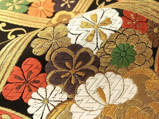平和屋着物●西陣　ふくい謹製　六通柄袋帯　唐織錦　花天井文　黒地　金糸　日本製　紙箱・証紙付き　正絹　逸品　未使用　CABG7979vp