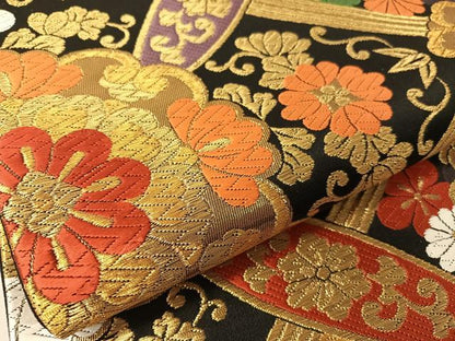 平和屋着物●西陣　ふくい謹製　六通柄袋帯　唐織錦　花天井文　黒地　金糸　日本製　紙箱・証紙付き　正絹　逸品　未使用　CABG7979vp