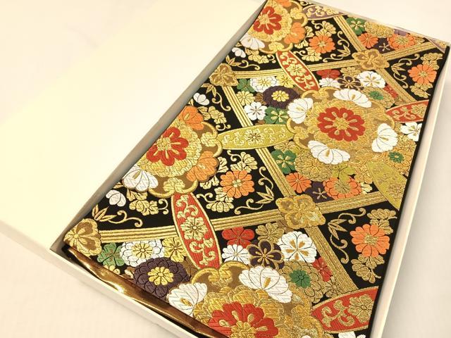 平和屋着物●西陣　ふくい謹製　六通柄袋帯　唐織錦　花天井文　黒地　金糸　日本製　紙箱・証紙付き　正絹　逸品　未使用　CABG7979vp