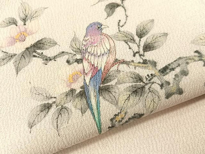 平和屋着物●九寸名古屋帯　作家物　手描き　休み鳥　鬼しぼ縮緬　正絹　逸品　未使用　CABG7981vp