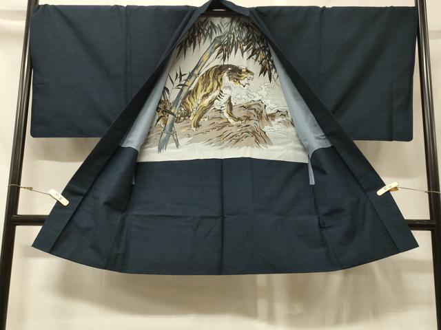 平和屋着物＃男性　長羽織　紬地　霞文　羽裏：虎　正絹　逸品　CABG8005in