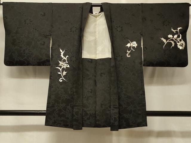 平和屋着物＃羽織　刺繍　更紗花文　黒地　銀糸　正絹　逸品　CABG8010in