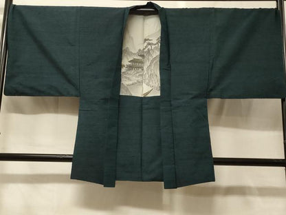 平和屋着物＃男性　羽織　ひげ紬　高麗納戸色　正絹　逸品　CABG8018in