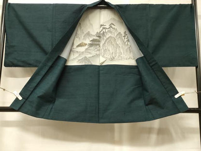 平和屋着物＃男性　羽織　ひげ紬　高麗納戸色　正絹　逸品　CABG8018in