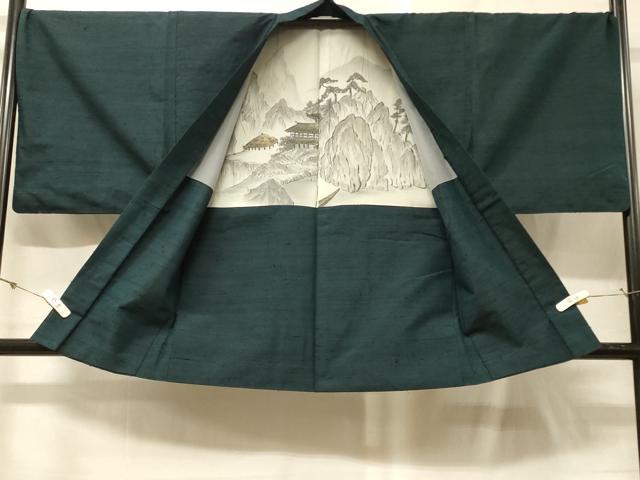 平和屋着物＃男性　羽織　ひげ紬　高麗納戸色　正絹　逸品　CABG8018in