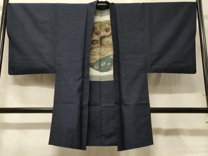 平和屋着物＃男性　長羽織　紬地　藍鉄色　正絹　逸品　CABG8021in