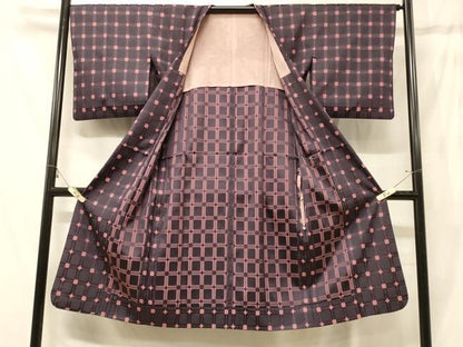 平和屋着物＃道行コート　雨コート　単衣　格子柄　ロング丈　正絹　逸品　CABG8035in