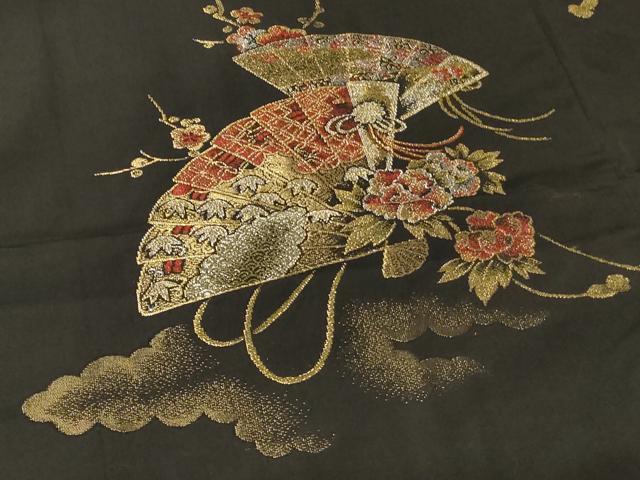 平和屋着物＃羽織　寿光織　雲取り扇面花文　黒地　金銀糸　正絹　逸品　CABG8036in
