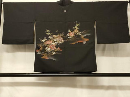 平和屋着物＃羽織　寿光織　扇面流水花文　黒地　金銀彩　正絹　逸品　CABG8039in