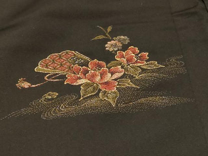 平和屋着物＃羽織　寿光織　扇面流水花文　黒地　金銀彩　正絹　逸品　CABG8039in