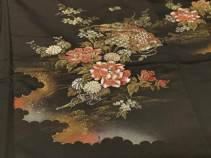 平和屋着物＃羽織　寿光織　扇面流水花文　黒地　金銀彩　正絹　逸品　CABG8039in