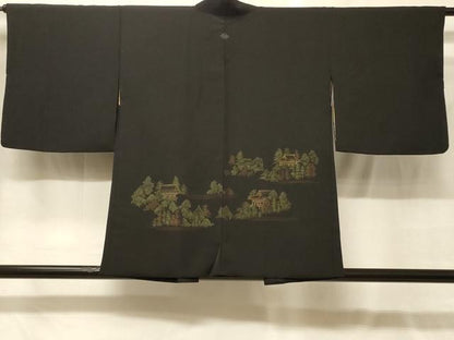 平和屋着物＃羽織　寿光織　風景文　黒地　金糸　正絹　逸品　CABG8044in