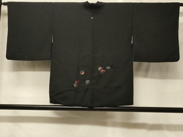 平和屋着物＃羽織　総刺繍　流水草花文　黒地　正絹　逸品　CABG8065in