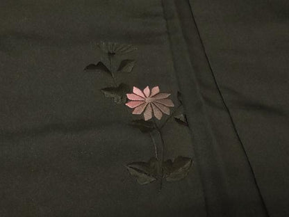 平和屋着物＃羽織　総刺繍　流水草花文　黒地　正絹　逸品　CABG8065in
