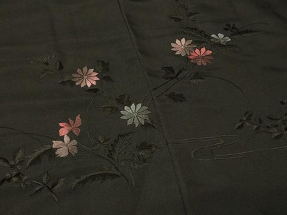 平和屋着物＃羽織　総刺繍　流水草花文　黒地　正絹　逸品　CABG8065in