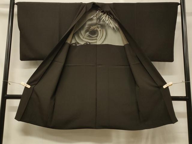 平和屋着物＃男性　紬　長羽織　羽裏：富士山・龍　黒地　正絹　逸品　CABG8076in