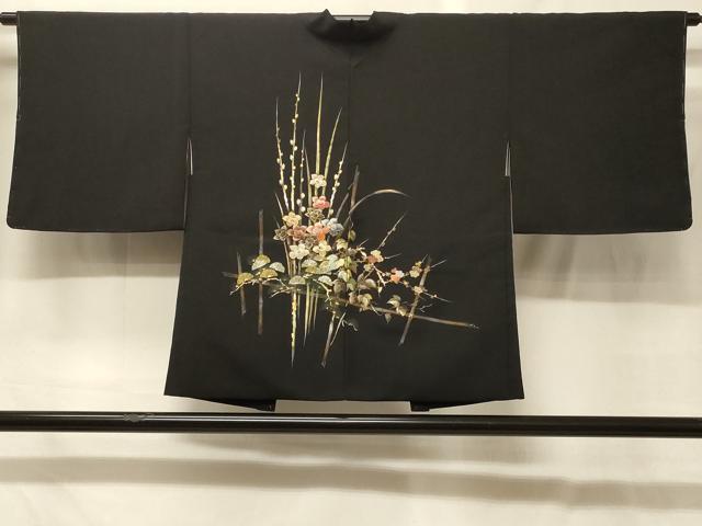 平和屋着物＃羽織　草花文　黒地　金彩　正絹　逸品　未使用　CABG8082in