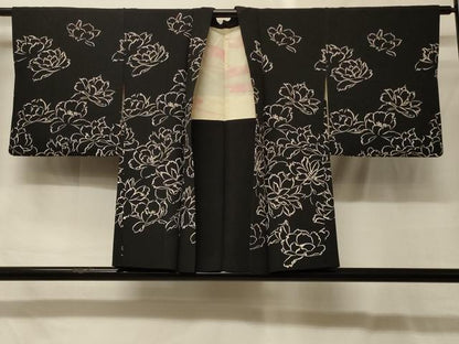 平和屋着物＃羽織　花づくし　黒地　正絹　逸品　CABG8106in
