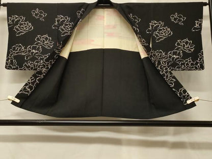 平和屋着物＃羽織　花づくし　黒地　正絹　逸品　CABG8106in