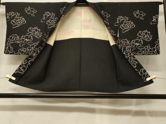 平和屋着物＃羽織　花づくし　黒地　正絹　逸品　CABG8106in