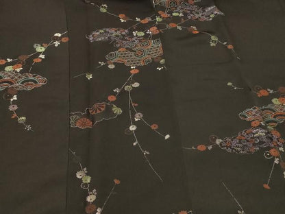 平和屋着物＃道行コート　寿光織　雲取り枝垂れ花文　黒地　銀糸　正絹　逸品　CABG8116in