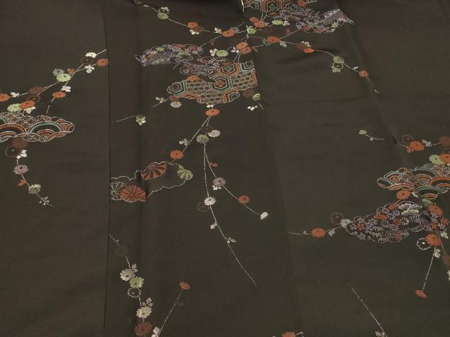 平和屋着物＃道行コート　寿光織　雲取り枝垂れ花文　黒地　銀糸　正絹　逸品　CABG8116in