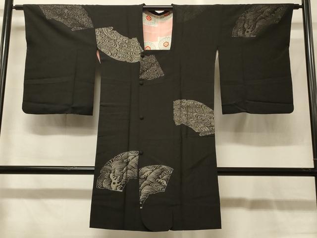 平和屋着物＃道行コート　寿光織　地紙立波文　黒地　銀糸　ロング丈　正絹　逸品　CABG8125in