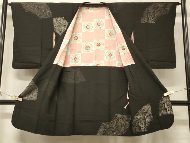 平和屋着物＃道行コート　寿光織　地紙立波文　黒地　銀糸　ロング丈　正絹　逸品　CABG8125in