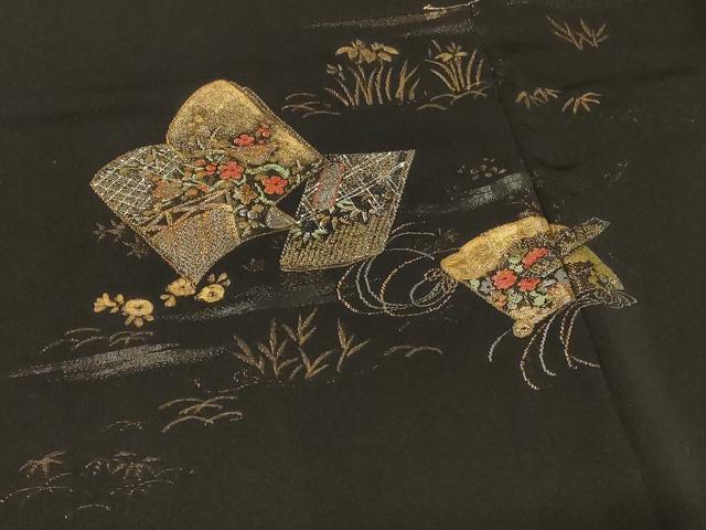 平和屋着物＃羽織　寿光織　冊子花車文　黒地　金銀糸　正絹　逸品　CABG8127in