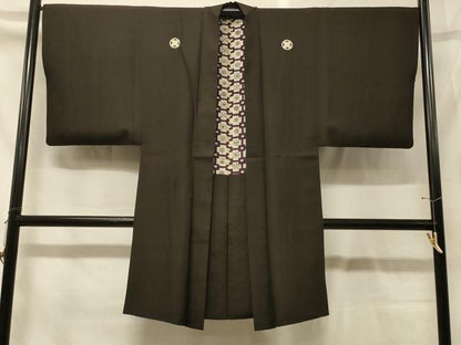 平和屋着物＃男性　長羽織　黒紋付き　正絹　逸品　CABG8141in