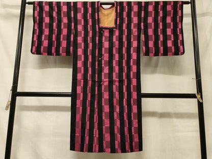 平和屋着物＃道行コート　雨コート　単衣　格子柄　ロング丈　正絹　逸品　CABG8177in