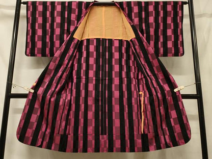 平和屋着物＃道行コート　雨コート　単衣　格子柄　ロング丈　正絹　逸品　CABG8177in