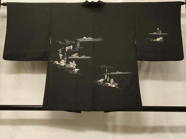 平和屋着物＃羽織　人物風景文　黒地　金彩　正絹　逸品　CABG8199in