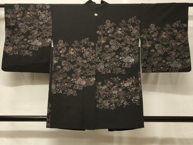 平和屋着物＃羽織　寿光織　花蝶文　黒地　金銀糸　正絹　逸品　CABG8208in